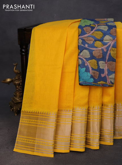 Mangalgiri silk cotton saree yellow and blue with plain body and silver zari woven border & hand painted kalamkari blouse