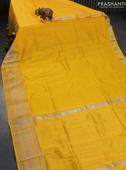 Mangalgiri silk cotton saree yellow and blue with plain body and silver zari woven border & hand painted kalamkari blouse