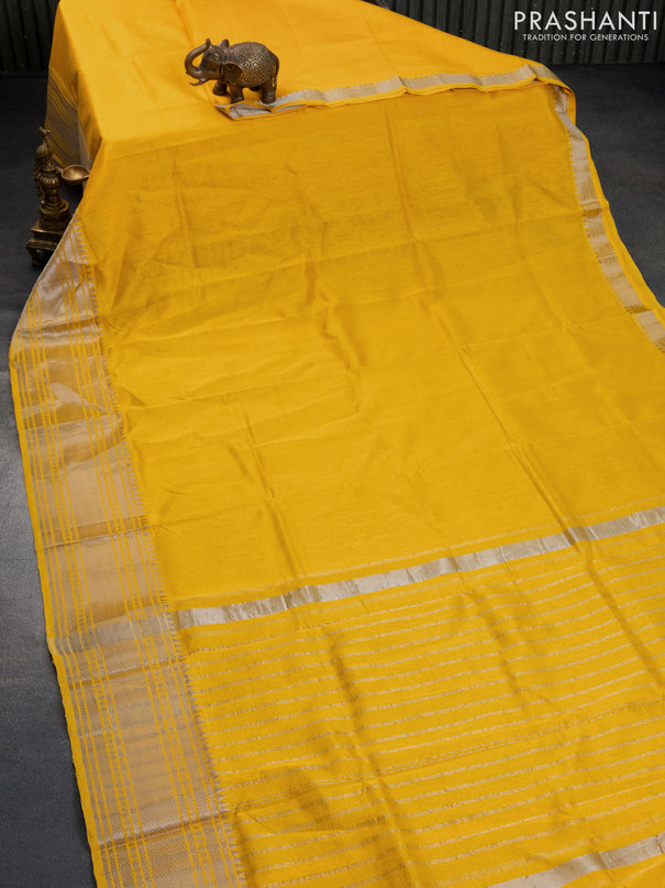 Mangalgiri silk cotton saree yellow and blue with plain body and silver zari woven border & hand painted kalamkari blouse