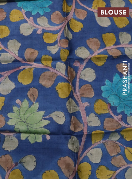 Mangalgiri silk cotton saree yellow and blue with plain body and silver zari woven border & hand painted kalamkari blouse