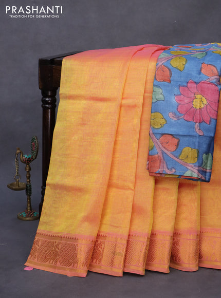 Mangalgiri silk cotton saree dual shade of yellow and blue with plain body and annam zari woven border & hand painted kalamkari blouse