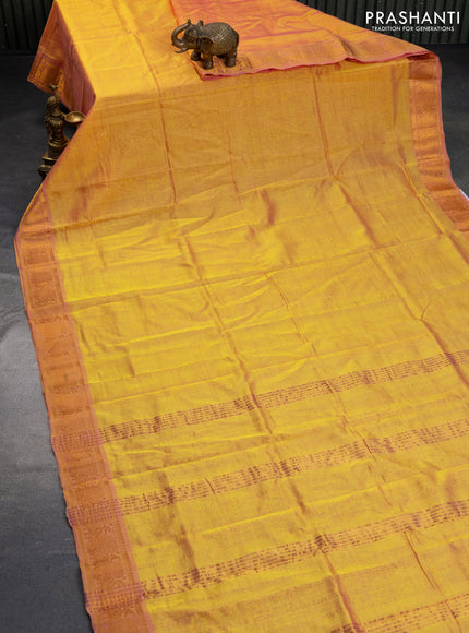 Mangalgiri silk cotton saree dual shade of yellow and blue with plain body and annam zari woven border & hand painted kalamkari blouse