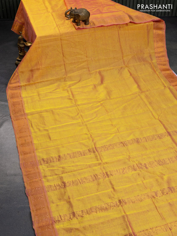 Mangalgiri silk cotton saree dual shade of yellow and blue with plain body and annam zari woven border & hand painted kalamkari blouse