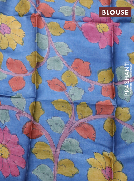 Mangalgiri silk cotton saree dual shade of yellow and blue with plain body and annam zari woven border & hand painted kalamkari blouse