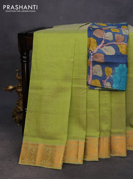 Mangalgiri silk cotton saree light green and blue shade with plain body and annam zari woven border & hand painted kalamkari blouse