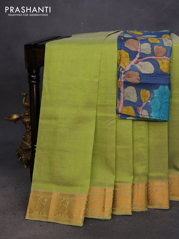 Mangalgiri silk cotton saree light green and blue shade with plain body and annam zari woven border & hand painted kalamkari blouse