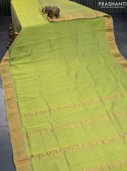 Mangalgiri silk cotton saree light green and blue shade with plain body and annam zari woven border & hand painted kalamkari blouse