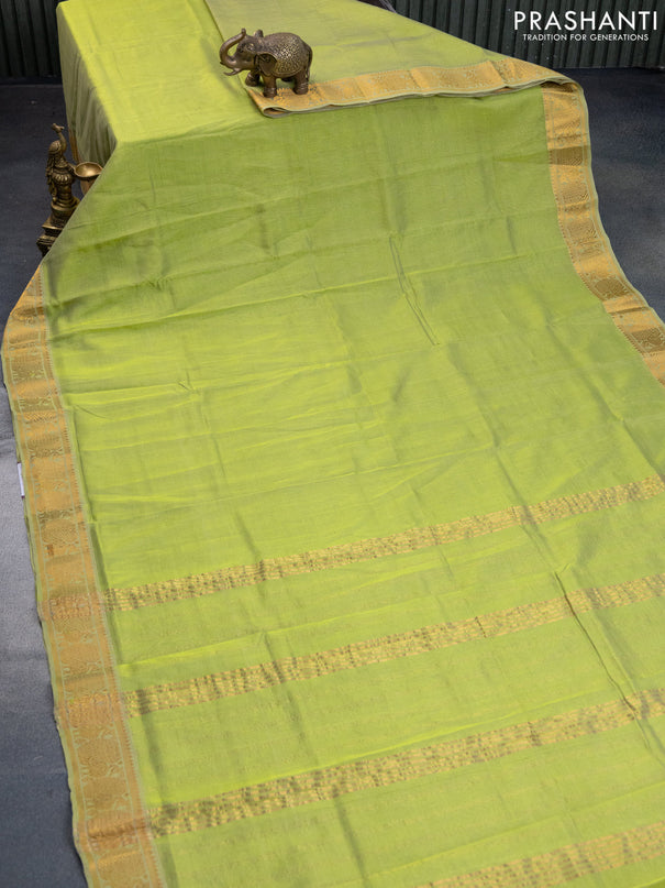 Mangalgiri silk cotton saree light green and blue shade with plain body and annam zari woven border & hand painted kalamkari blouse