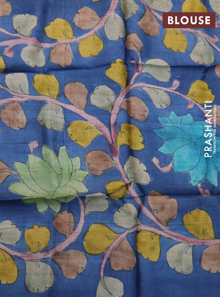 Mangalgiri silk cotton saree light green and blue shade with plain body and annam zari woven border & hand painted kalamkari blouse