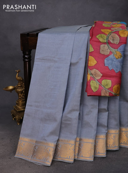 Mangalgiri silk cotton saree grey and maroon with plain body and annam zari woven border & hand painted kalamkari blouse