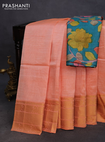 Mangalgiri silk cotton saree peach orange and teal blue with plain body and annam zari woven border & hand painted kalamkari blouse