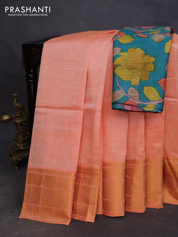 Mangalgiri silk cotton saree peach orange and teal blue with plain body and annam zari woven border & hand painted kalamkari blouse