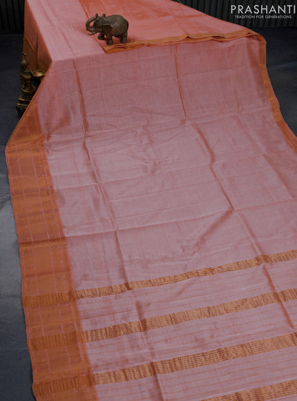 Mangalgiri silk cotton saree peach orange and teal blue with plain body and annam zari woven border & hand painted kalamkari blouse