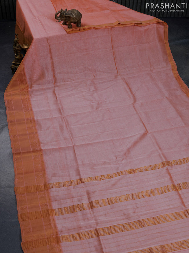 Mangalgiri silk cotton saree peach orange and teal blue with plain body and annam zari woven border & hand painted kalamkari blouse