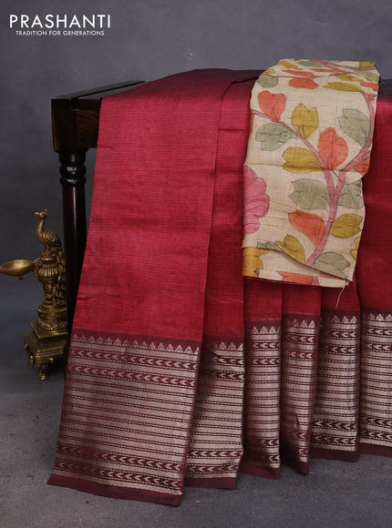 Mangalgiri silk cotton saree maroon shade and cream with plain body and silver zari woven border & hand painted kalamkari blouse