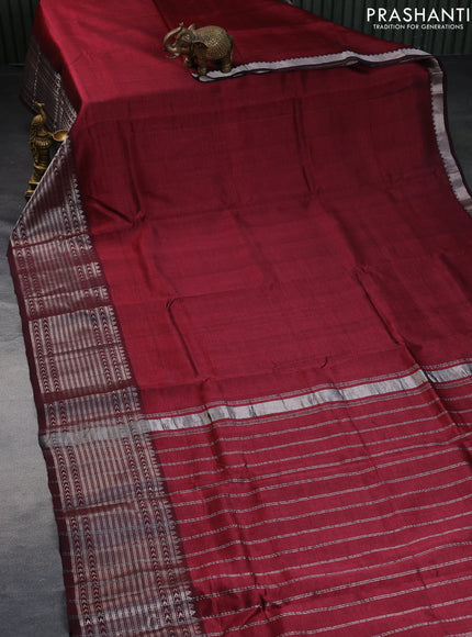 Mangalgiri silk cotton saree maroon shade and cream with plain body and silver zari woven border & hand painted kalamkari blouse