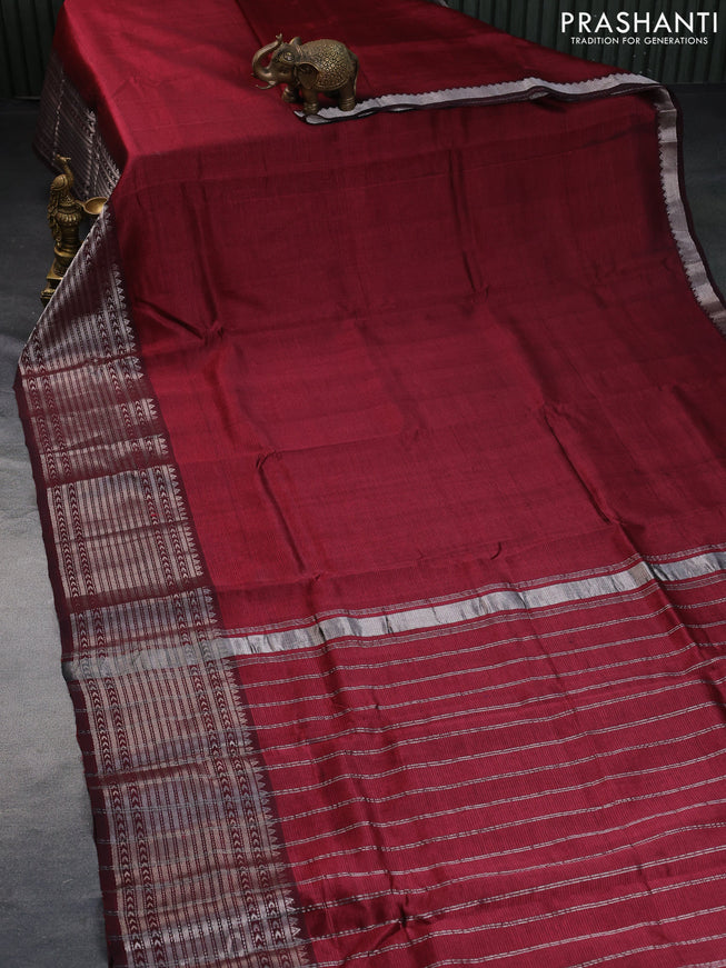 Mangalgiri silk cotton saree maroon shade and cream with plain body and silver zari woven border & hand painted kalamkari blouse