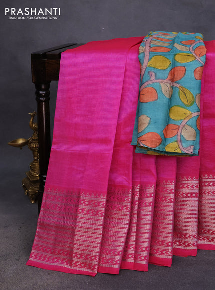 Mangalgiri silk cotton saree pink and teal blue with plain body and silver zari woven border & hand painted kalamkari blouse