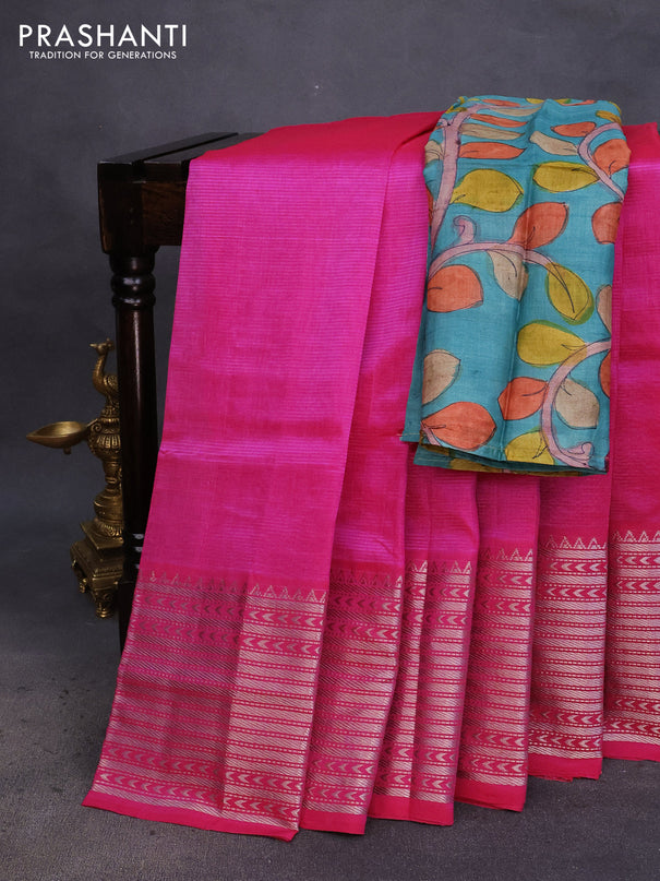 Mangalgiri silk cotton saree pink and teal blue with plain body and silver zari woven border & hand painted kalamkari blouse