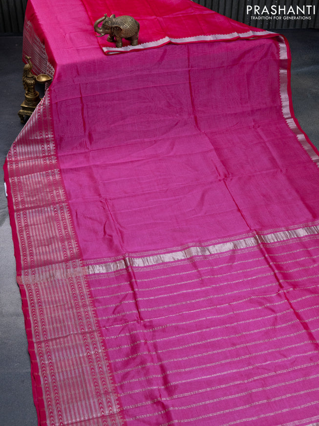 Mangalgiri silk cotton saree pink and teal blue with plain body and silver zari woven border & hand painted kalamkari blouse