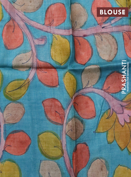 Mangalgiri silk cotton saree pink and teal blue with plain body and silver zari woven border & hand painted kalamkari blouse