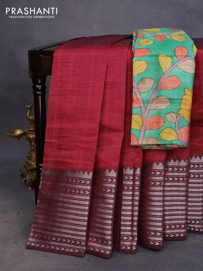 Mangalgiri silk cotton saree maroon and green with plain body and silver zari woven border & hand painted kalamkari blouse