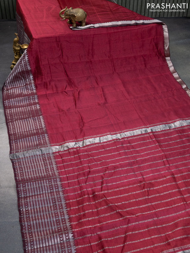 Mangalgiri silk cotton saree maroon and green with plain body and silver zari woven border & hand painted kalamkari blouse