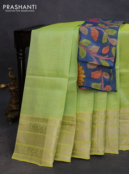 Mangalgiri silk cotton saree pista green and blue with plain body and silver zari woven annam border & hand painted kalamkari blouse