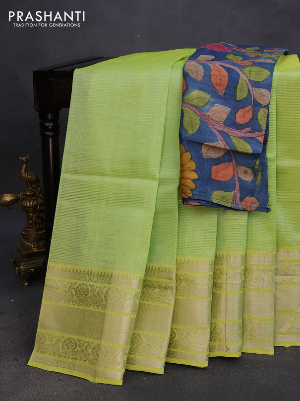 Mangalgiri silk cotton saree pista green and blue with plain body and silver zari woven annam border & hand painted kalamkari blouse