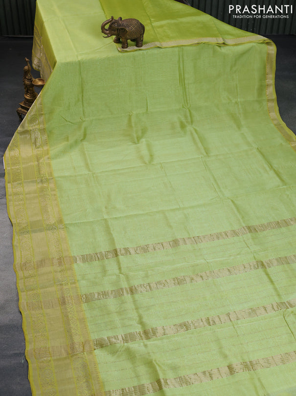 Mangalgiri silk cotton saree pista green and blue with plain body and silver zari woven annam border & hand painted kalamkari blouse