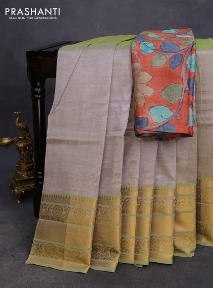 Mangalgiri silk cotton saree dual shade of greyish green and rustic orange with plain body and annam zari woven border & hand painted kalamkari blouse