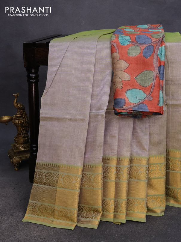 Mangalgiri silk cotton saree dual shade of greyish green and rustic orange with plain body and annam zari woven border & hand painted kalamkari blouse