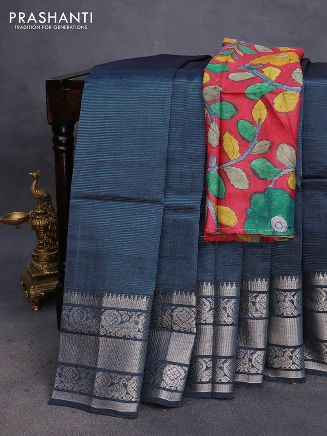 Mangalgiri silk cotton saree peacock blue and teal green with plain body and silver zari woven annam border & hand painted kalamkari blouse