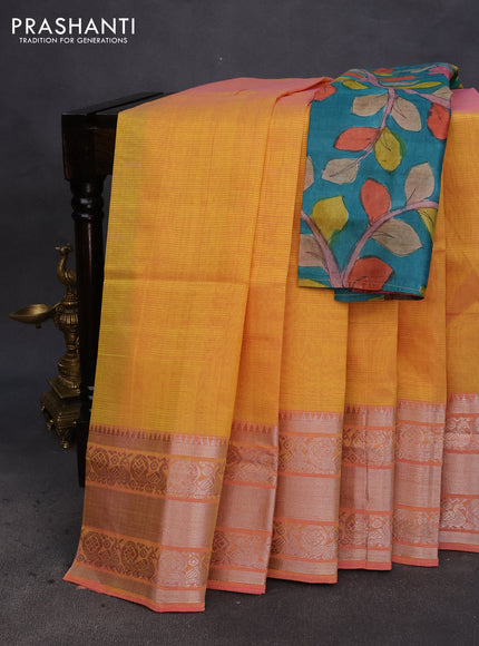 Mangalgiri silk cotton saree dual shade of yellow and green with plain body and silver zari woven annam border & hand painted kalamkari blouse