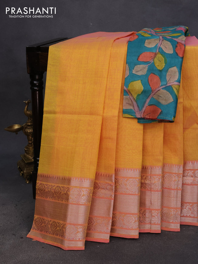 Mangalgiri silk cotton saree dual shade of yellow and green with plain body and silver zari woven annam border & hand painted kalamkari blouse