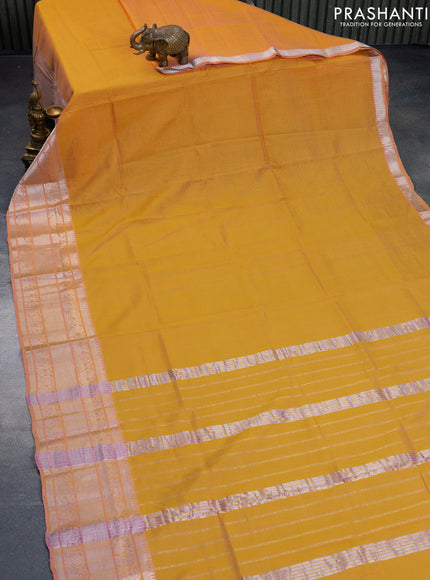 Mangalgiri silk cotton saree dual shade of yellow and green with plain body and silver zari woven annam border & hand painted kalamkari blouse