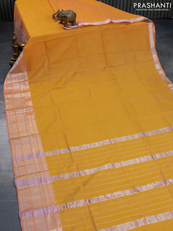 Mangalgiri silk cotton saree dual shade of yellow and green with plain body and silver zari woven annam border & hand painted kalamkari blouse