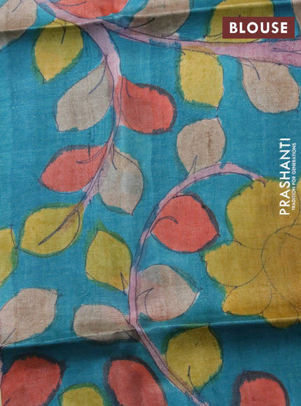 Mangalgiri silk cotton saree dual shade of yellow and green with plain body and silver zari woven annam border & hand painted kalamkari blouse