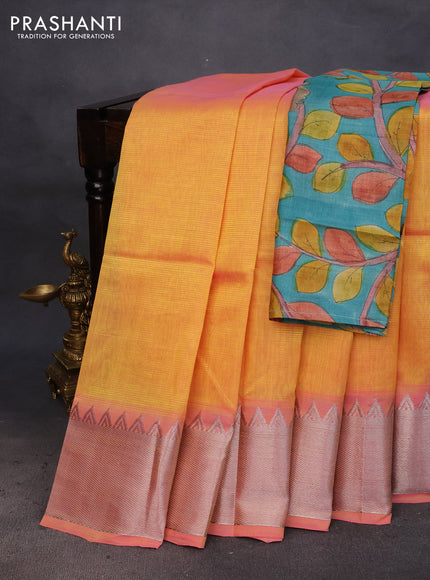 Mangalgiri silk cotton saree dual shade of yellowish pink and green with plain body and silver zari woven border & hand painted kalamkari blouse