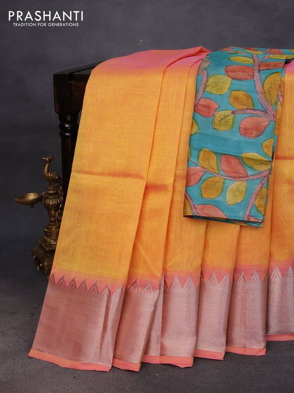 Mangalgiri silk cotton saree dual shade of yellowish pink and green with plain body and silver zari woven border & hand painted kalamkari blouse