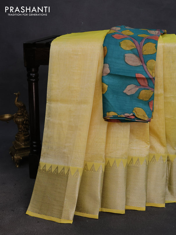 Mangalgiri silk cotton saree lime yellow and teal blue with plain body and silver zari woven border & hand painted kalamkari blouse