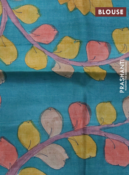 Mangalgiri silk cotton saree lime yellow and teal blue with plain body and silver zari woven border & hand painted kalamkari blouse