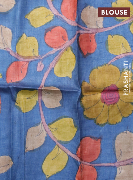 Mangalgiri silk cotton saree dual shade of yellowish orange and dark blue with plain body and silver zari woven border & hand painted kalamkari blouse