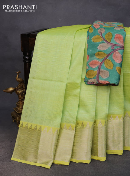 Mangalgiri silk cotton saree pista green and green with plain body and silver zari woven border & hand painted kalamkari blouse