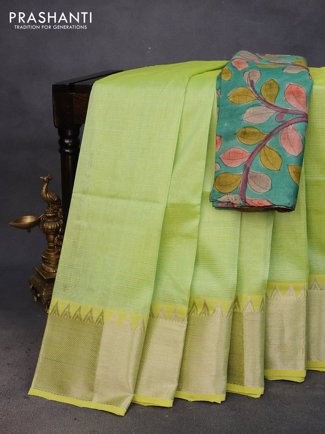 Mangalgiri silk cotton saree pista green and green with plain body and silver zari woven border & hand painted kalamkari blouse