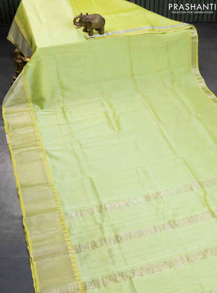 Mangalgiri silk cotton saree pista green and green with plain body and silver zari woven border & hand painted kalamkari blouse