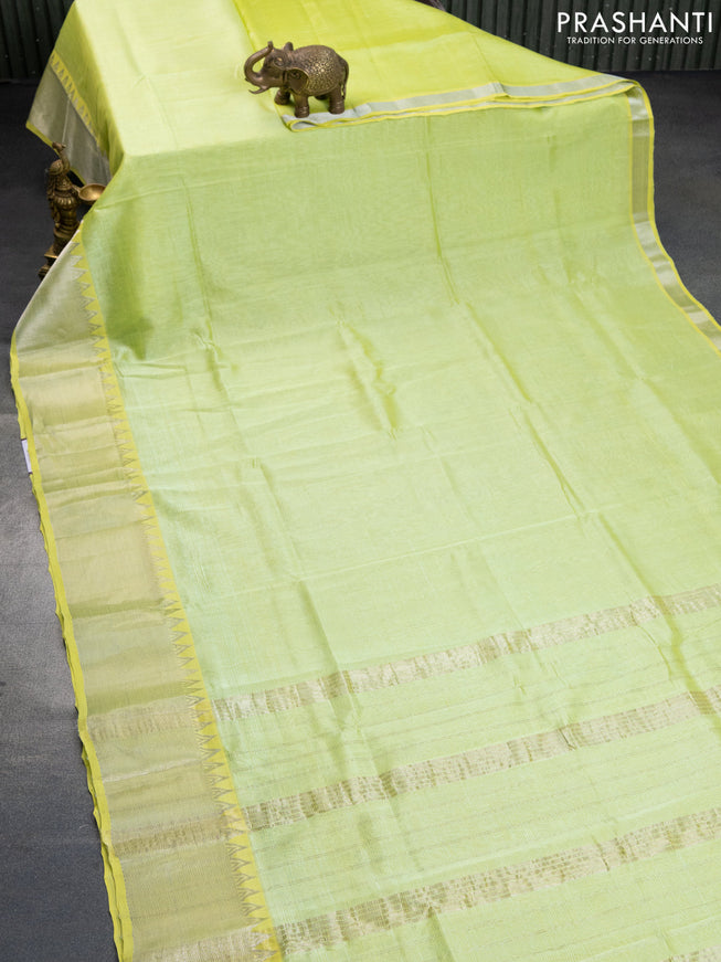 Mangalgiri silk cotton saree pista green and green with plain body and silver zari woven border & hand painted kalamkari blouse