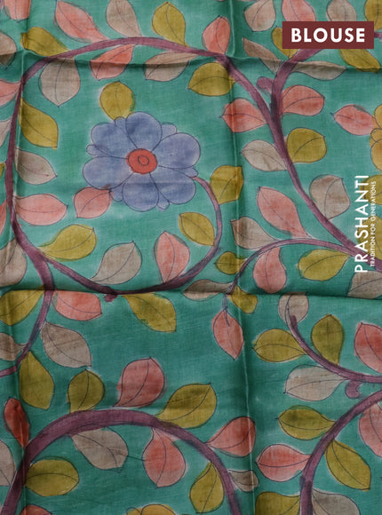 Mangalgiri silk cotton saree pista green and green with plain body and silver zari woven border & hand painted kalamkari blouse