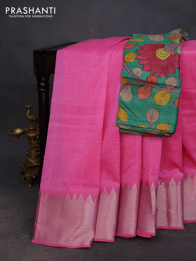 Mangalgiri silk cotton saree pink and green with plain body and silver zari woven border & hand painted kalamkari blouse