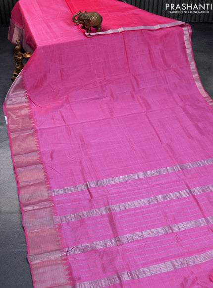 Mangalgiri silk cotton saree pink and green with plain body and silver zari woven border & hand painted kalamkari blouse